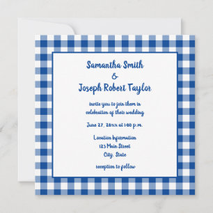 Invitación Boda campestre de cuadros azules profundos