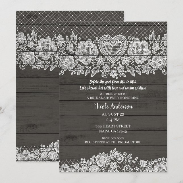 Invitación Boda campestre de encaje blanco y madera rústica (Anverso / Reverso)