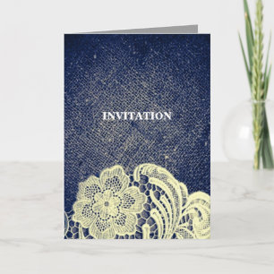 Invitación boda campestre de encaje de arpillera azul marino