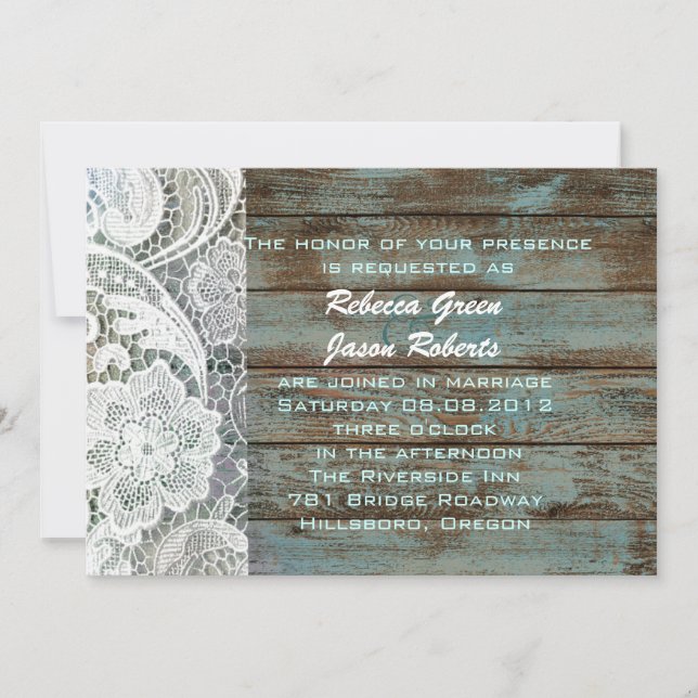 Invitación boda campestre de encaje de madera de granero azul (Anverso)