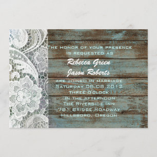 Invitación boda campestre de encaje de madera de granero azul