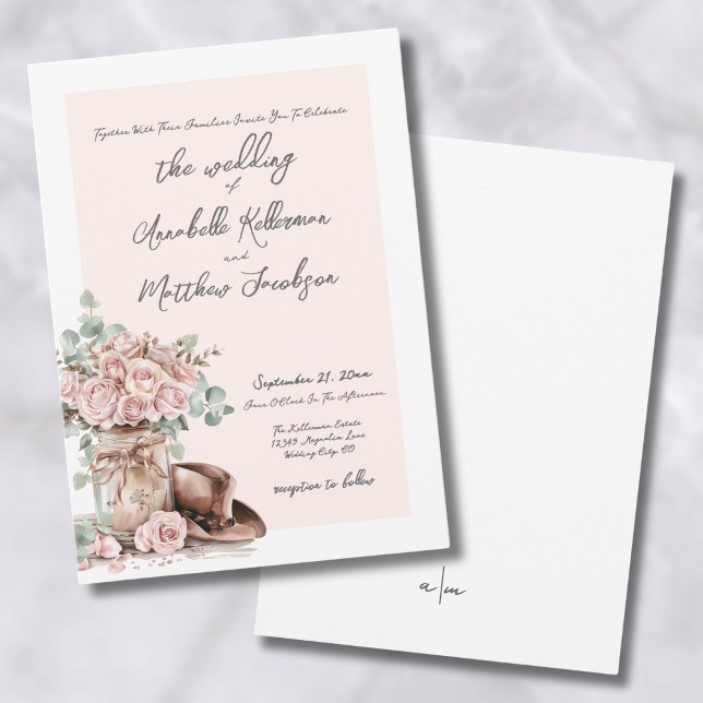 Invitación Boda campestre de estilo rústico elegante con rosa (Elegant Rustic Roses Country Western Wedding Invitation)