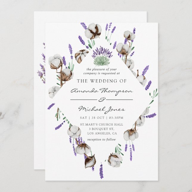 Invitación Boda campestre de lavanda en algodón acuarela (Anverso / Reverso)
