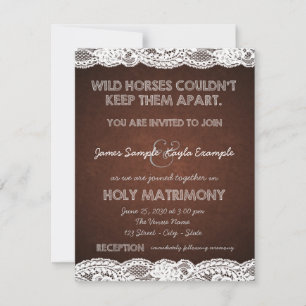 Invitación Boda campestre de marrón rústico y encaje blanco