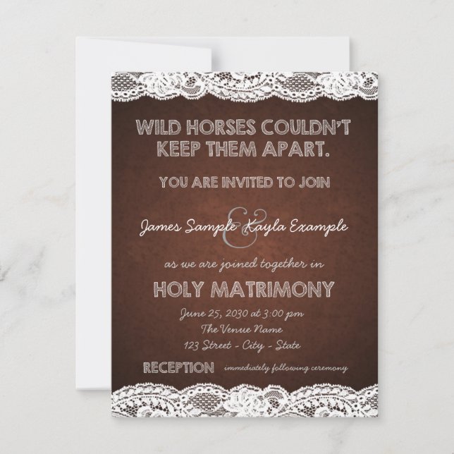 Invitación Boda campestre de marrón rústico y encaje blanco (Anverso)