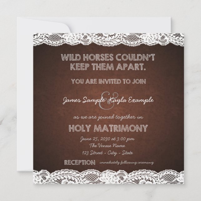 Invitación Boda campestre de marrón rústico y encaje blanco (Anverso)