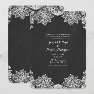 Invitación Boda campestre en pizarra negra con encaje blanco