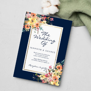 Invitación Boda campestre floral de color azul marino, rosa, 