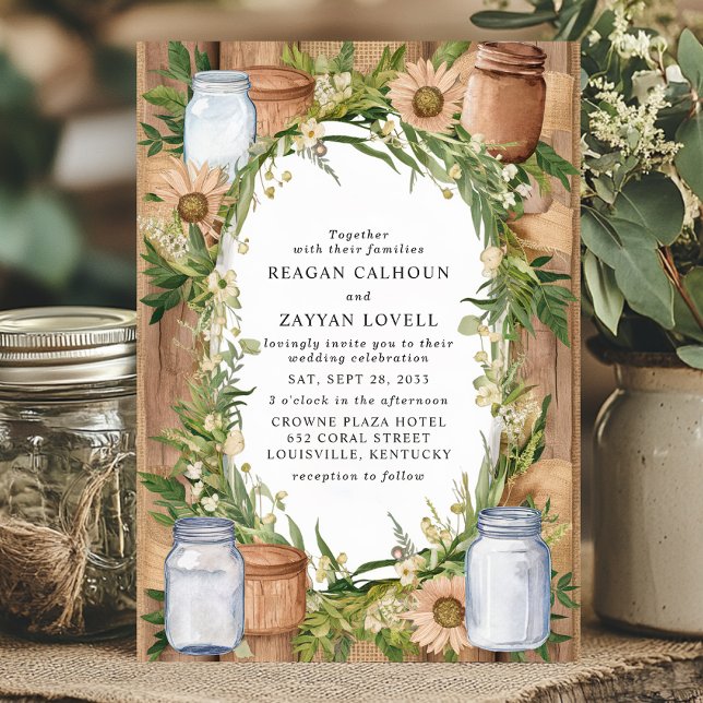 Invitación Boda campestre floral rústica en tarro de albañil  (Subido por el creador)