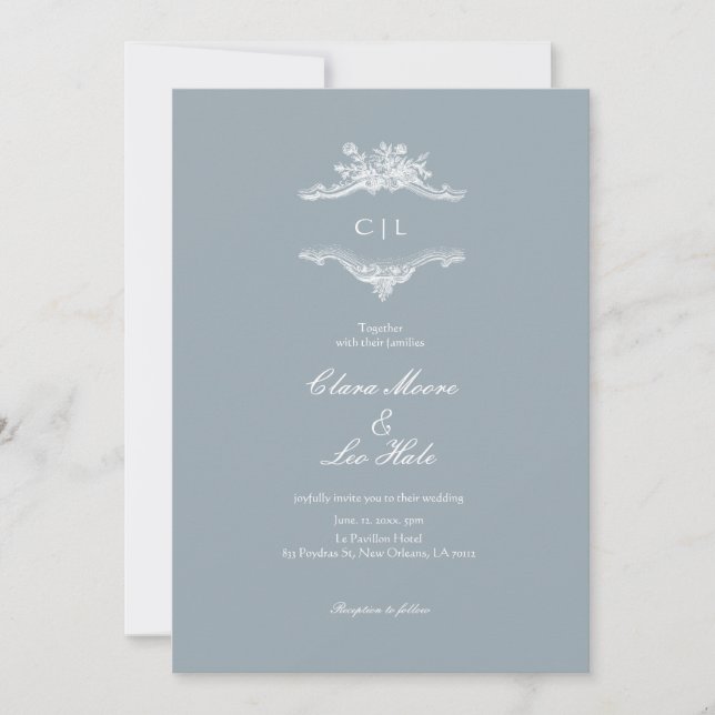 Invitación Boda campestre francesa en azul pizarra (Anverso)
