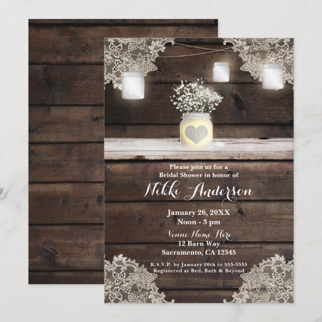 Invitación Boda campestre: Madera rústica, encaje y frascos d (Anverso / Reverso)