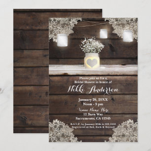 Invitación Boda campestre: Madera rústica, encaje y frascos d