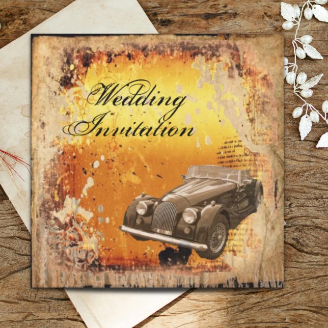 Invitación Boda campestre occidental con coche antiguo rústic (Rustic antique car western Country Wedding Invitation)