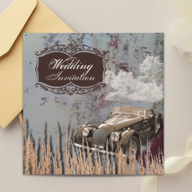 Invitación Boda campestre occidental con coche antiguo rústic (Rustic antique car western Country Wedding Invitation)