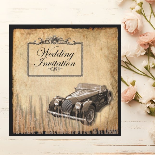 Invitación Boda campestre occidental con coche antiguo rústic (Rustic antique car western Country Wedding Invitation)