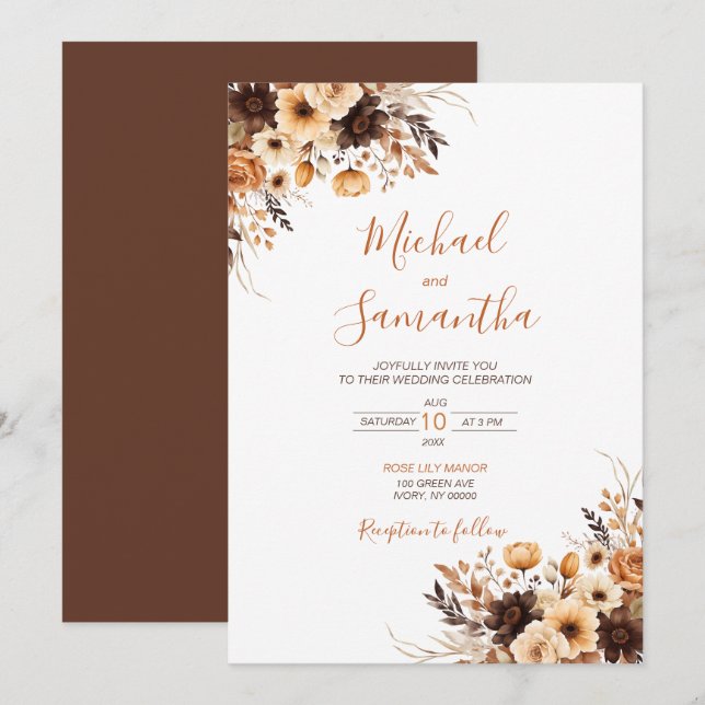 Invitación Boda Campestre Otoñal con Marrón Rústico y Rosa Ma (Anverso / Reverso)