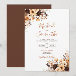 Invitación Boda Campestre Otoñal con Marrón Rústico y Rosa Ma