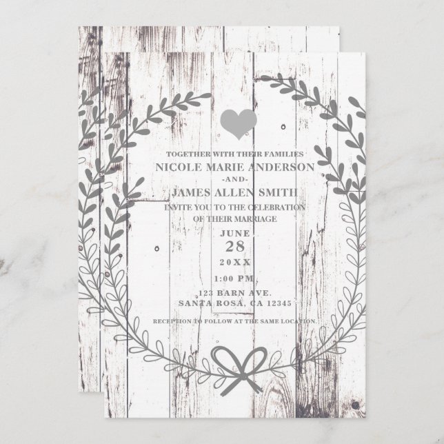 Invitación Boda campestre rústica de madera blanca (Anverso / Reverso)