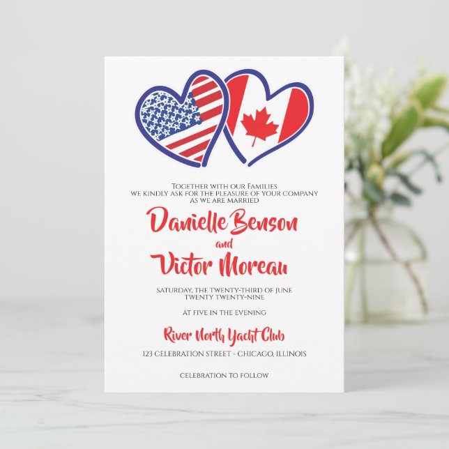 Invitación Boda Canadiense de Banderas del Corazón (Anverso de pie)