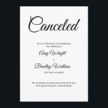 Invitación boda cancelada Tarjeta elegante<br><div class="desc">Aquí hay una tarjeta simple para notificar a sus invitados si se ha hecho necesario anunciar que su boda ha sido cancelado. Utilice los campos de plantilla para añadir sus datos personales y hacer de este diseño elegante y minimalista su propio diseño. El fondo blanco puede cambiarse a cualquier color...</div>