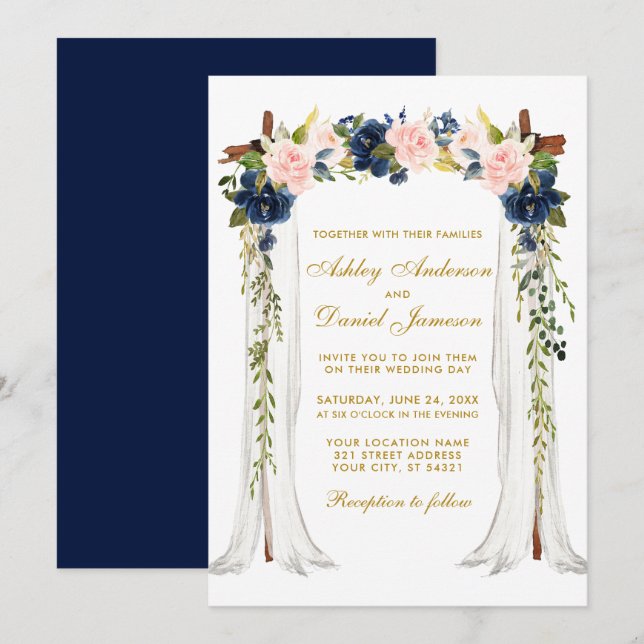 Invitación Boda Canopy acuarela Azul rosa dorado floral (Anverso / Reverso)