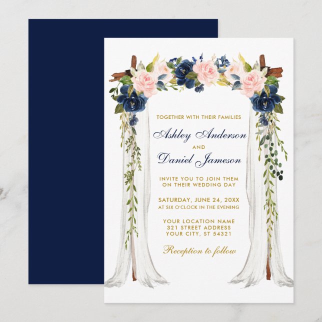 Invitación Boda Canopy acuarela Floral Oro Azul Rosa (Anverso / Reverso)
