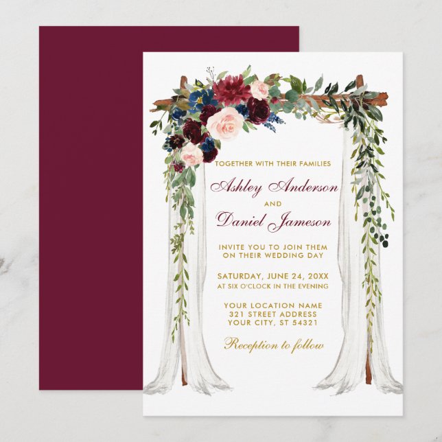 Invitación Boda Canopy Arch Watercolor Floral Gold (Anverso / Reverso)