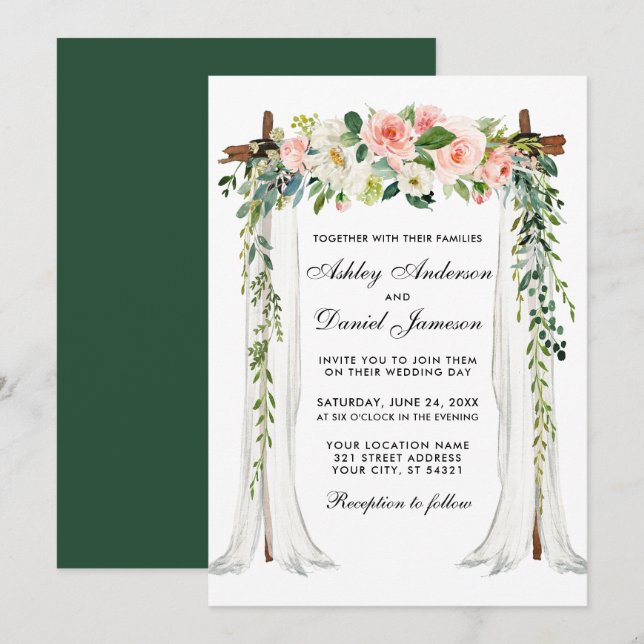 Invitación Boda Canopy Arch Watercolor Floral Rosa Verde (Anverso / Reverso)