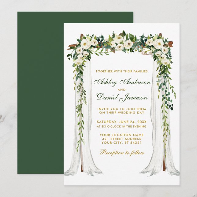 Invitación Boda Canopy Arch Watercolor Green Floral Gold (Anverso / Reverso)