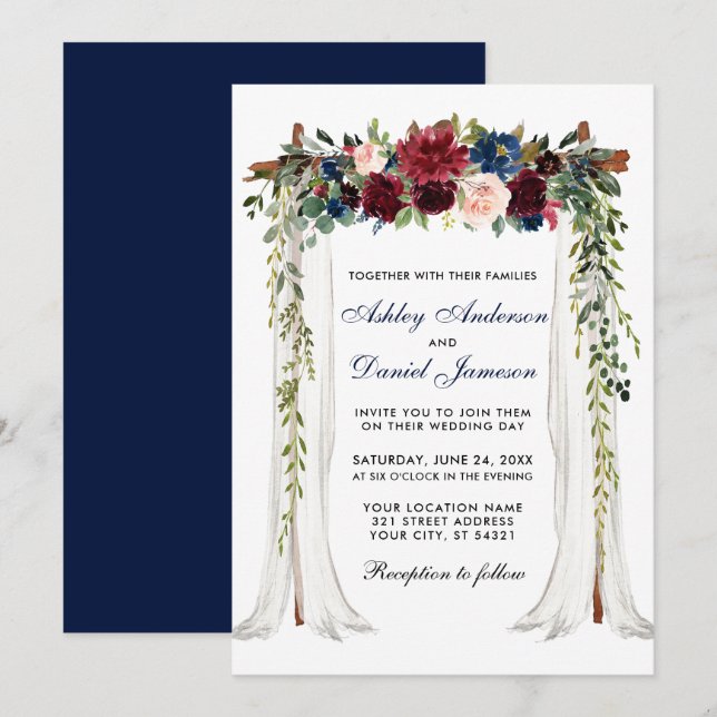 Invitación Boda Canopy Watercolor Arco floral Azul (Anverso / Reverso)