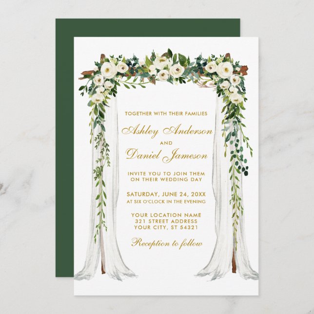 Invitación Boda Canopy Watercolor Green Floral Gold (Anverso / Reverso)