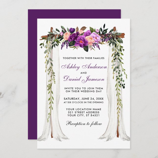 Invitación Boda Canopy Watercolor Morado Floral (Anverso / Reverso)