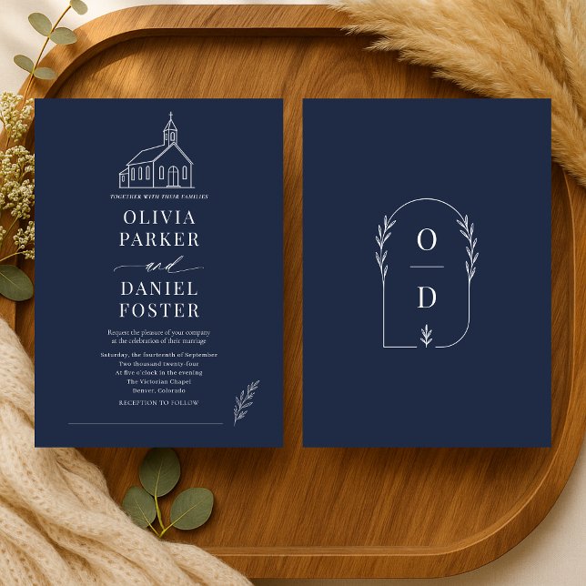 Invitación Boda Capilla Azul Marino Línea Arte (Subido por el creador)