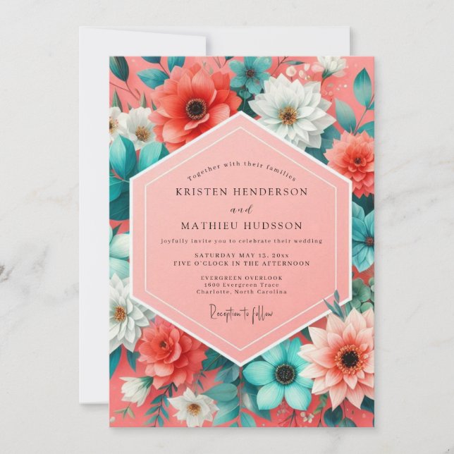 Invitación Boda Capricho Floral de Coral (Anverso)