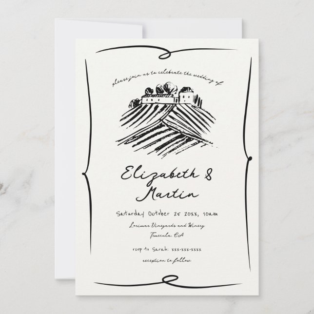 Invitación Boda caprichosa a mano alzada en una bodega (Anverso)