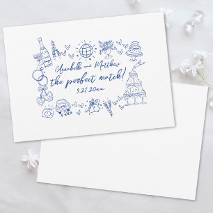 Invitación Boda Caprichosa Azul Combinación Perfecta Dibujada
