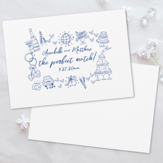 Invitación Boda Caprichosa Azul Combinación Perfecta Dibujada (Hand Drawn Perfect Match Blue Whimsical Wedding Invitation)