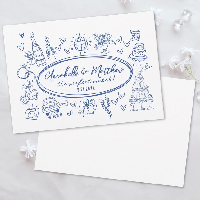 Invitación Boda Caprichosa Azul con Letra a Mano Dibujada a M (Hand Drawn Handwritten Blue Whimsical Wedding Invitation)