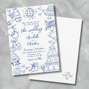 Invitación Boda Caprichosa Azul Dibujada a Mano
