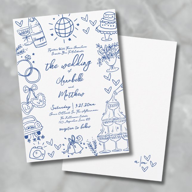 Invitación Boda Caprichosa Azul Dibujada a Mano (Hand Drawn Bue Whimsical Wedding Invitation)
