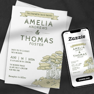 Invitación Boda caprichosa bosque forestal dibujada a mano