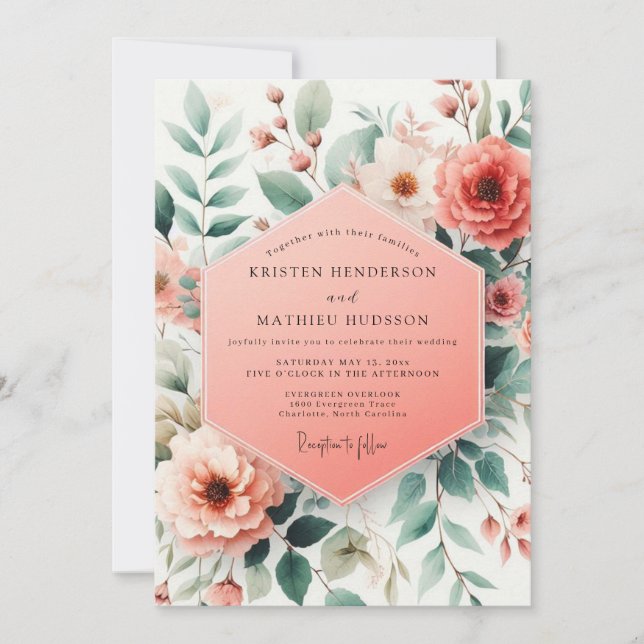 Invitación Boda caprichosa botánica de coral (Anverso)