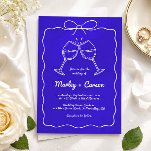 Invitación Boda caprichosa con letras a mano en elegante azul
