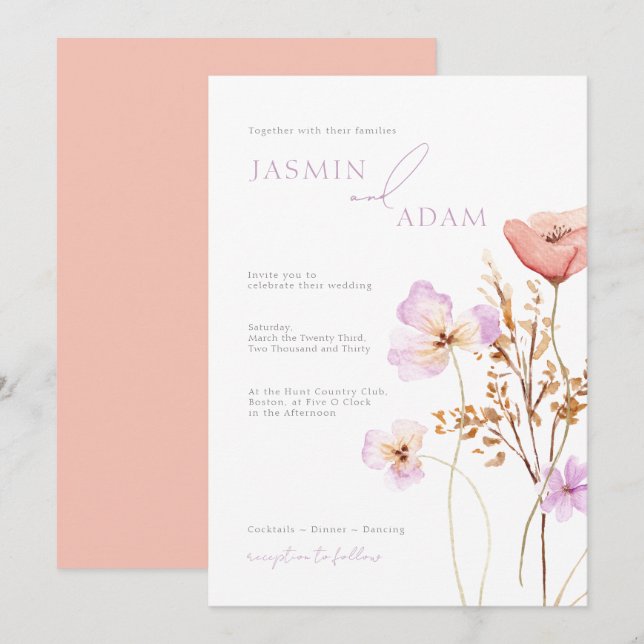 Invitación Boda caprichosa con monograma de flores silvestres (Anverso / Reverso)