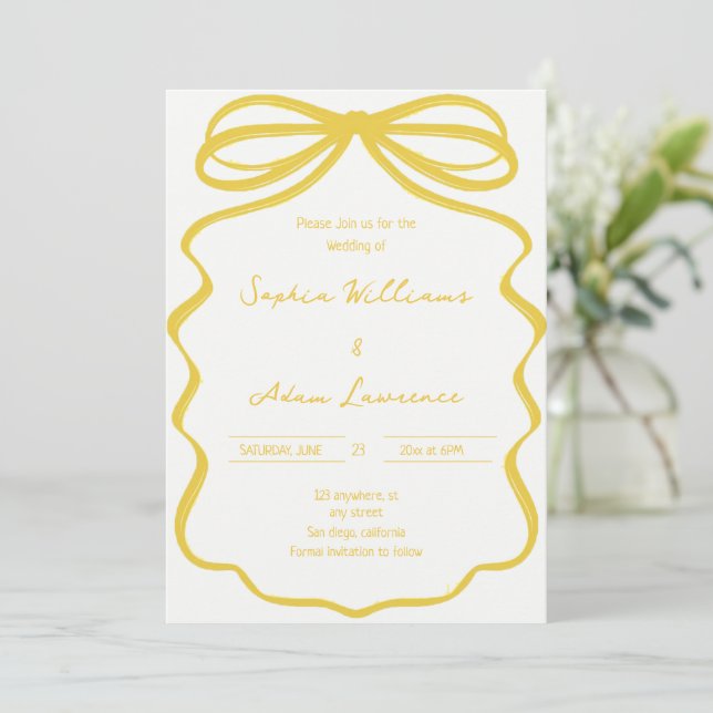 Invitación Boda caprichosa con pinceladas amarillas escritas  (Anverso de pie)