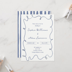 Invitación Boda caprichosa con rayas finas azules escritas a