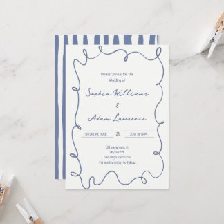 Invitación Boda caprichosa con rayas finas azules escritas a 
