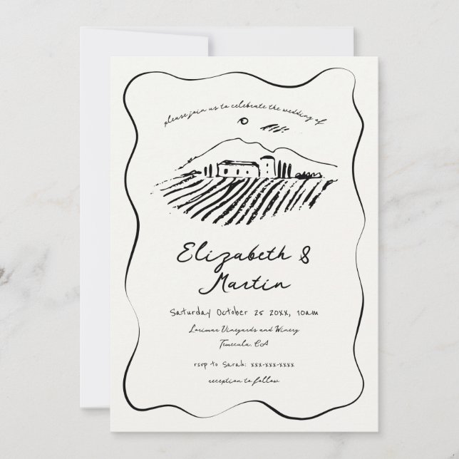 Invitación Boda caprichosa con viñedo de borde ondulado dibuj (Anverso)