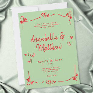 Invitación Boda caprichosa corazón dibujado a mano verde rojo