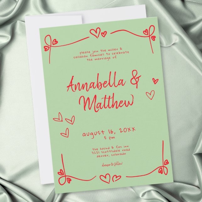 Invitación Boda caprichosa corazón dibujado a mano verde rojo (Green Red Hand Drawn Heart Whimsical Wedding Invitation)
